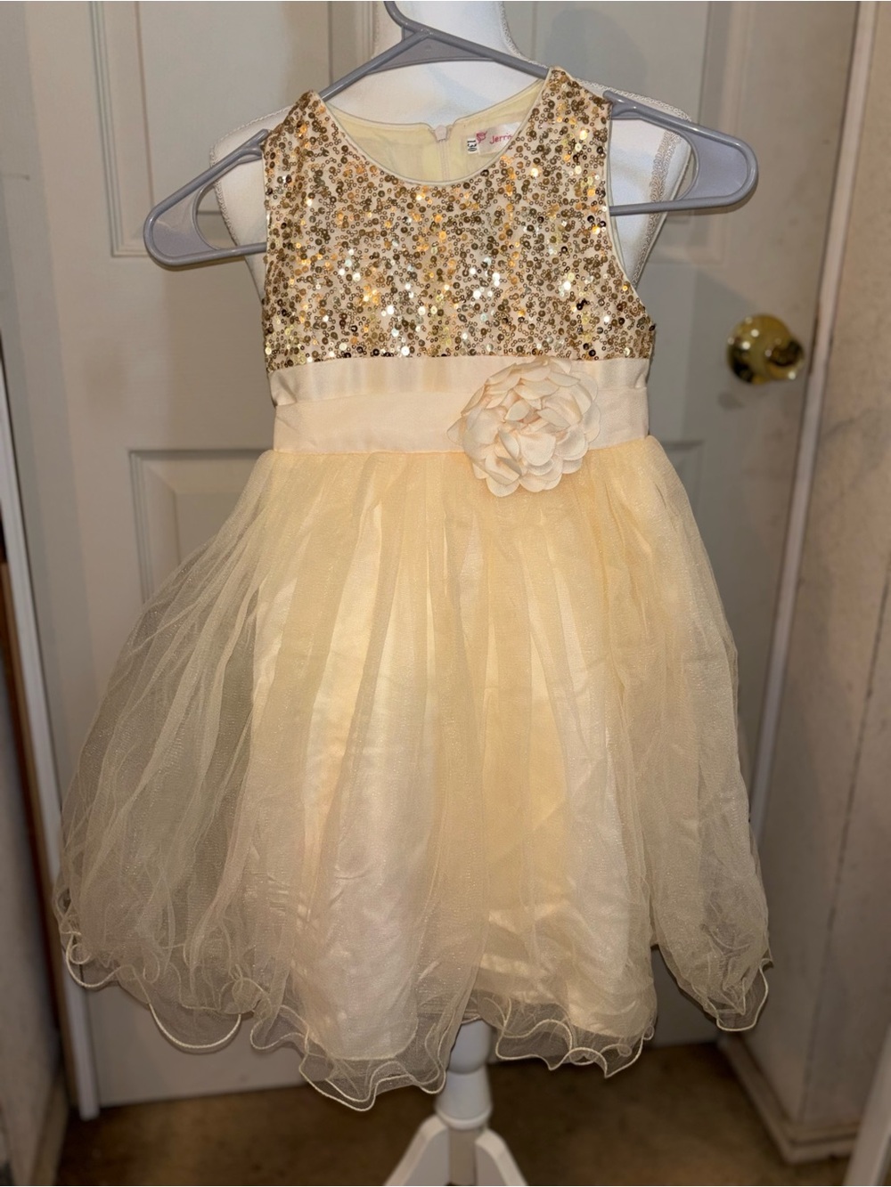 Girls' Cream Tulle Party Dress with Gold Sequin Bodice